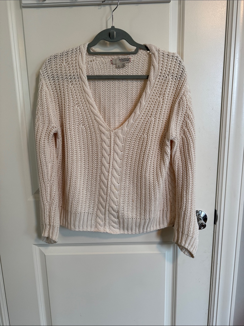 Cream V-Neck Cable Knit Sweater